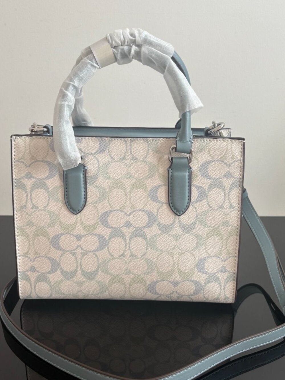 💧Coach White Pastel Logo Mini Tote Bag Light Blue Trim Crossbody - Picture 10 of 10